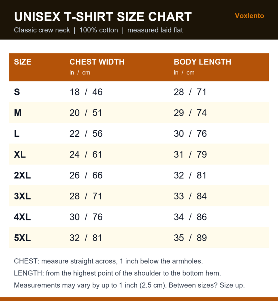 Unisex T-shirt size chart